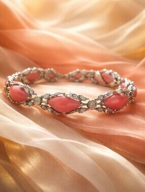Vintage Unique Bracelet Coral Resin Stones With Pearl And Silver Accents